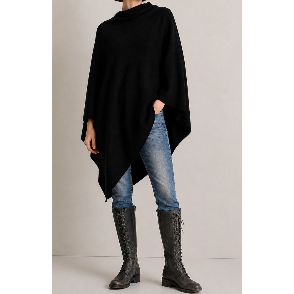 Quince Mongolian Cashmere Poncho Black One Size Asymmetrical Hem Fall Minimalist